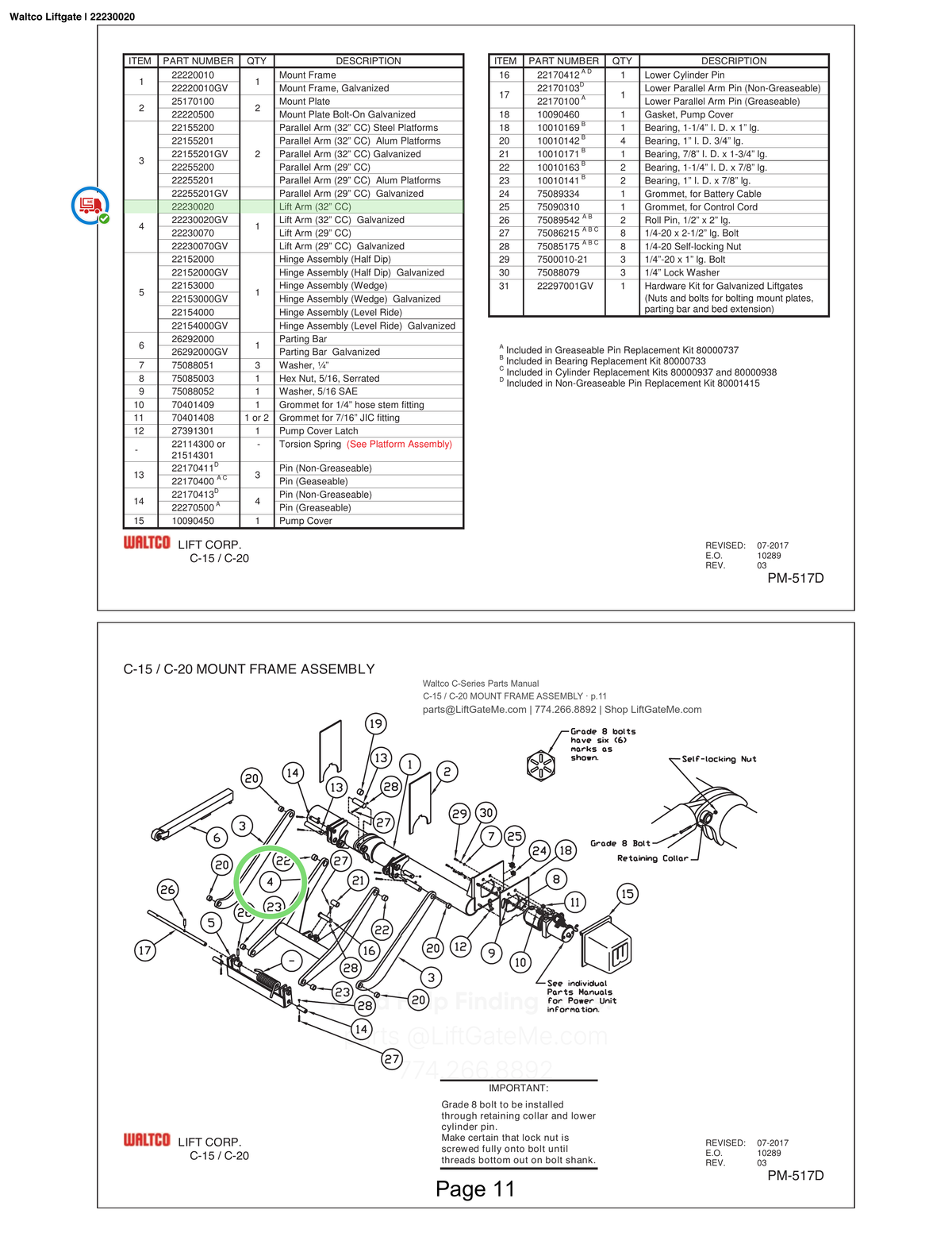 Waltco Liftgate | 22230020 — C-15 / C-20 MOUNT FRAME ASSEMBLY · p.11 (Waltco C-Series Parts Manual)