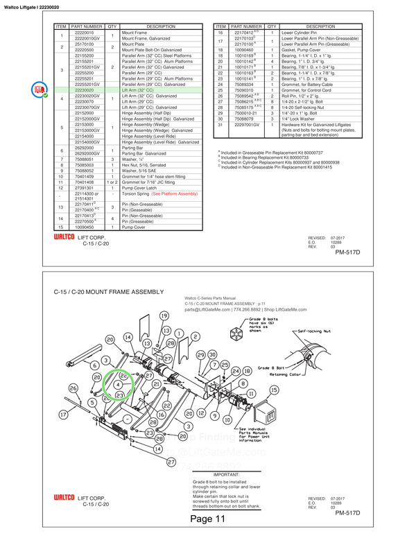 Waltco Liftgate | 22230020 — C-15 / C-20 MOUNT FRAME ASSEMBLY · p.11 (Waltco C-Series Parts Manual)