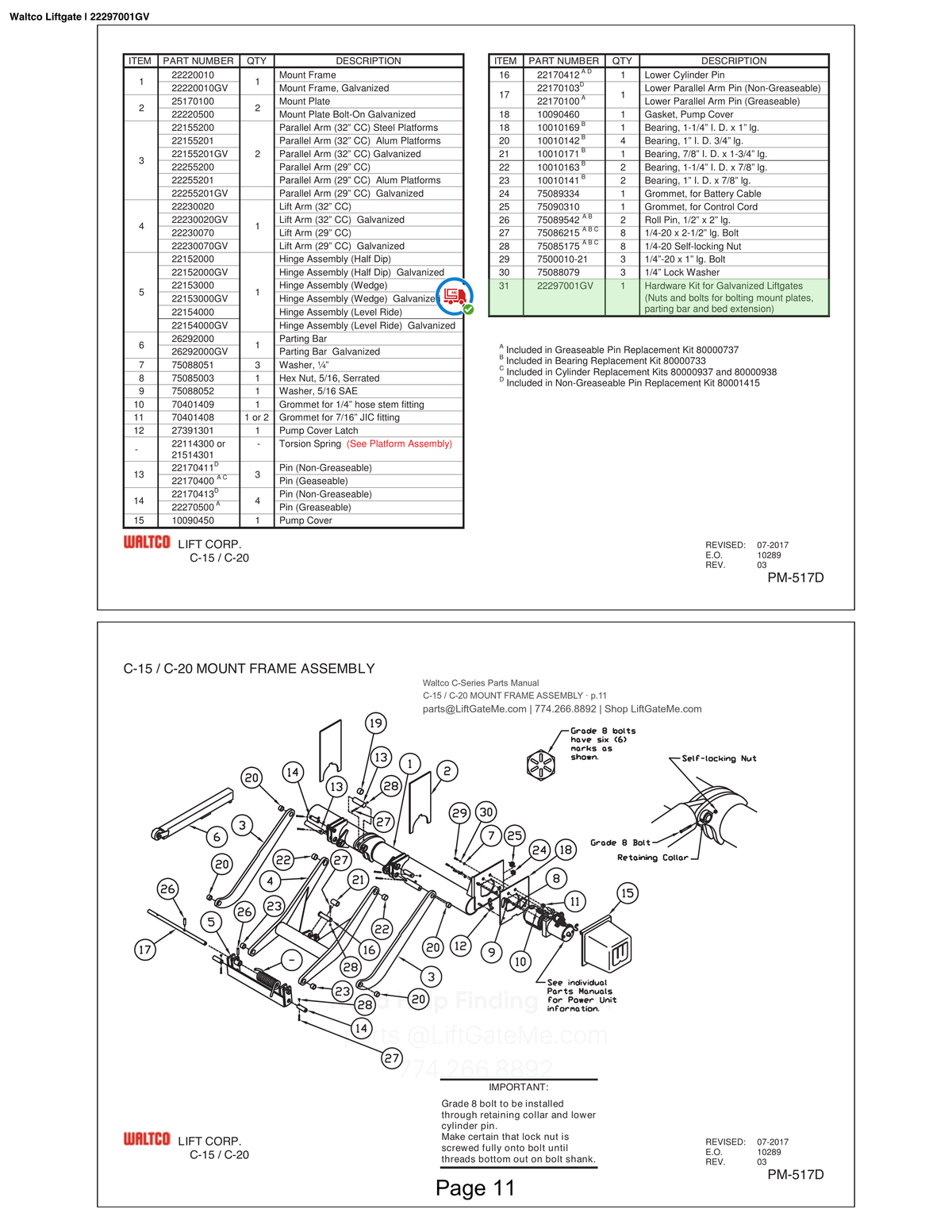 Waltco Liftgate | 22297001gv — C-15 / C-20 MOUNT FRAME ASSEMBLY · p.11 (Waltco C-Series Parts Manual)