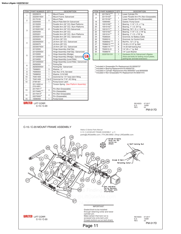 Waltco Liftgate | 22297001gv — C-15 / C-20 MOUNT FRAME ASSEMBLY · p.11 (Waltco C-Series Parts Manual)