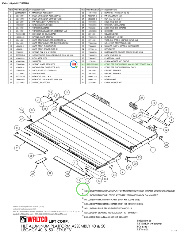 Waltco Liftgate | 22710001gv — HLF ALUMINUM PLATFORM ASSEMBLY 40 & 50 LEGACY 40, & 50 - STYLE "B" · p.16 (Waltco HLF Parts Manual)