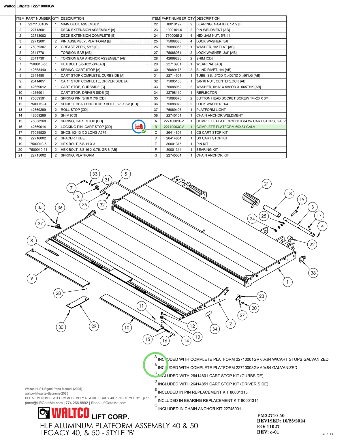 Waltco Liftgate | 22710003gv — HLF ALUMINUM PLATFORM ASSEMBLY 40 & 50 LEGACY 40, & 50 - STYLE "B" · p.16 (Waltco HLF Parts Manual)