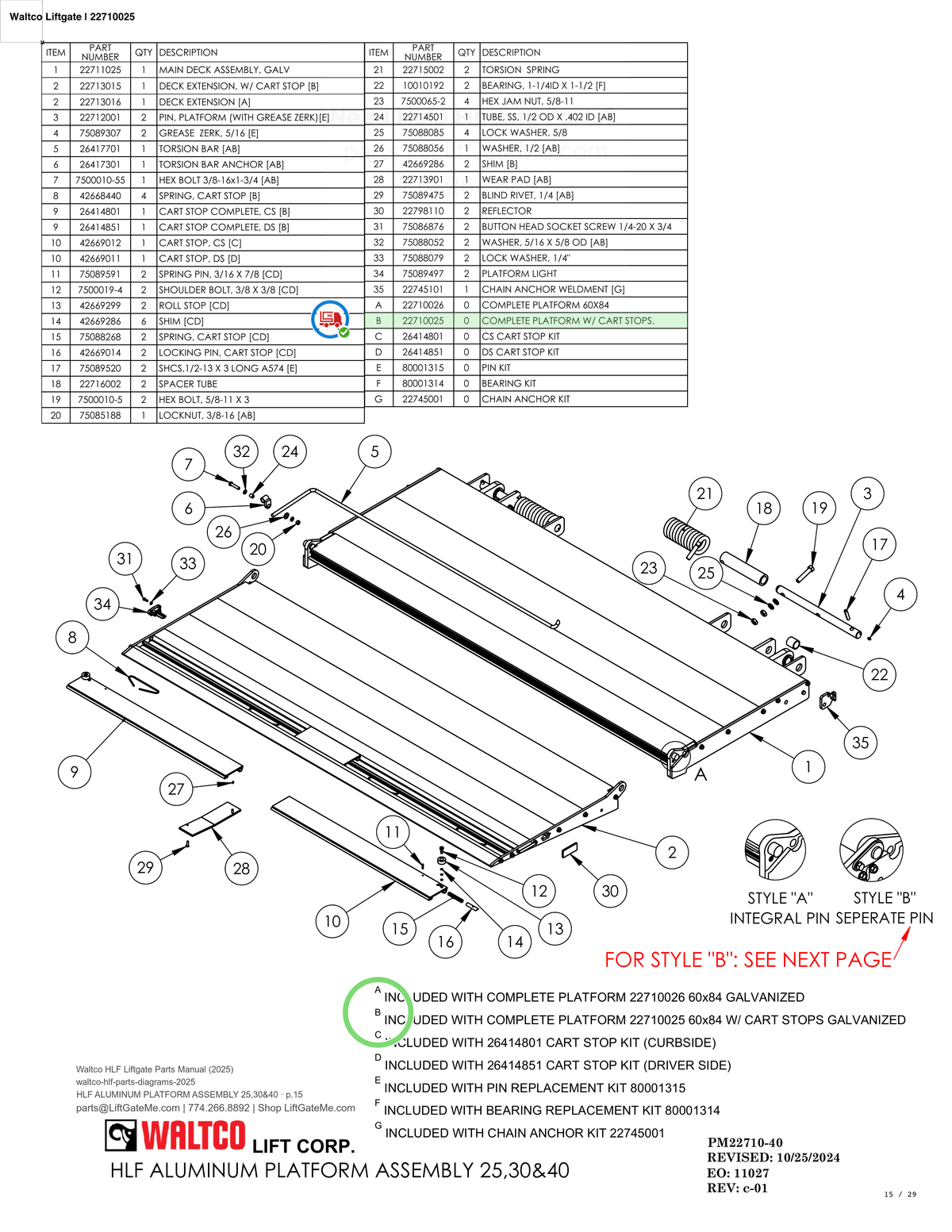 Waltco Liftgate | 22710025 — HLF ALUMINUM PLATFORM ASSEMBLY 25,30&40 · p.15 (Waltco HLF Parts Manual)