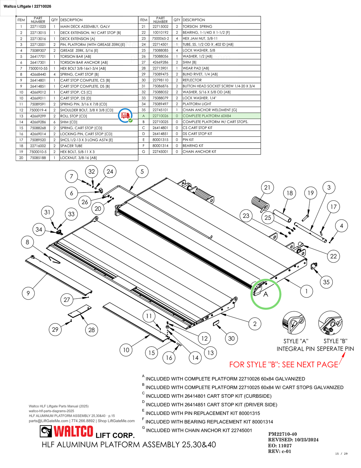 Waltco Liftgate | 22710026 — HLF ALUMINUM PLATFORM ASSEMBLY 25,30&40 · p.15 (Waltco HLF Parts Manual)