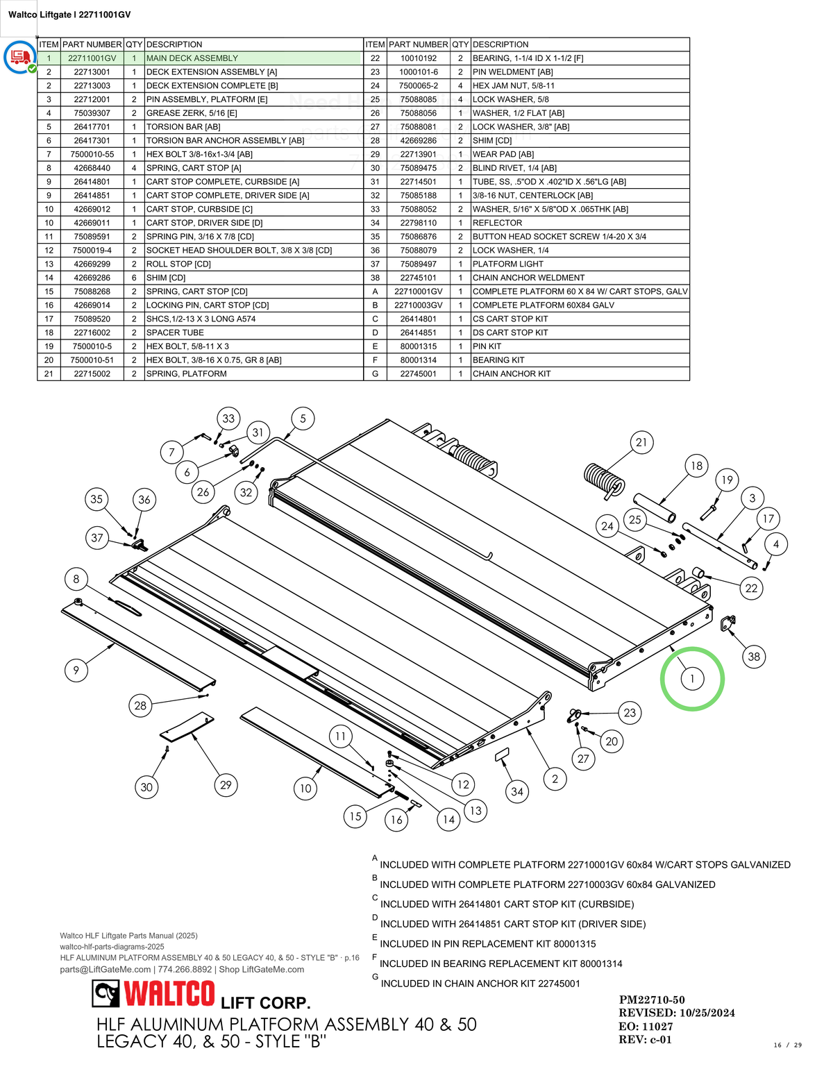 Waltco Liftgate | 22711001gv — HLF ALUMINUM PLATFORM ASSEMBLY 40 & 50 LEGACY 40, & 50 - STYLE "B" · p.16 (Waltco HLF Parts Manual)