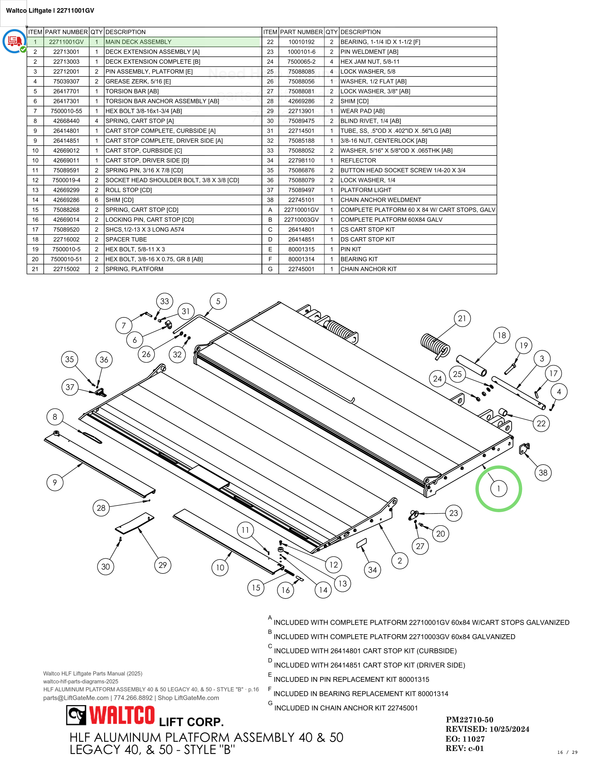Waltco Liftgate | 22711001gv — HLF ALUMINUM PLATFORM ASSEMBLY 40 & 50 LEGACY 40, & 50 - STYLE "B" · p.16 (Waltco HLF Parts Manual)