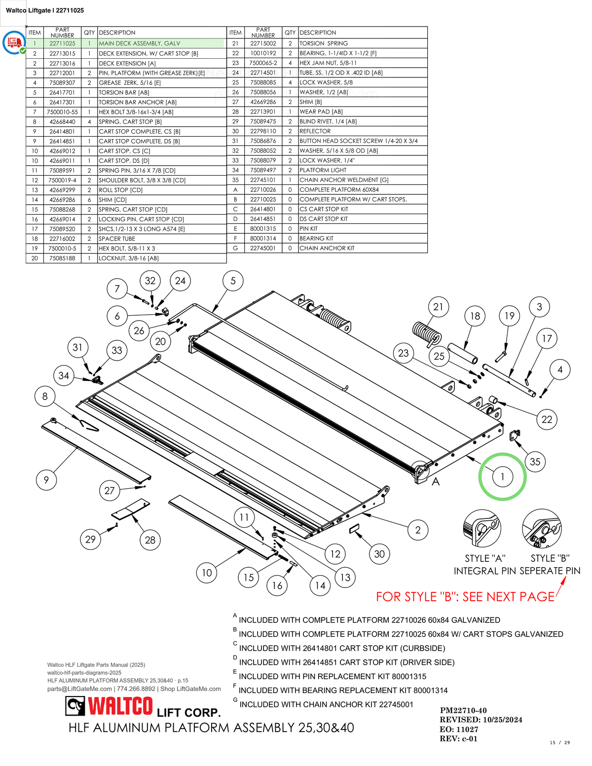 Waltco Liftgate | 22711025 — HLF ALUMINUM PLATFORM ASSEMBLY 25,30&40 · p.15 (Waltco HLF Parts Manual)