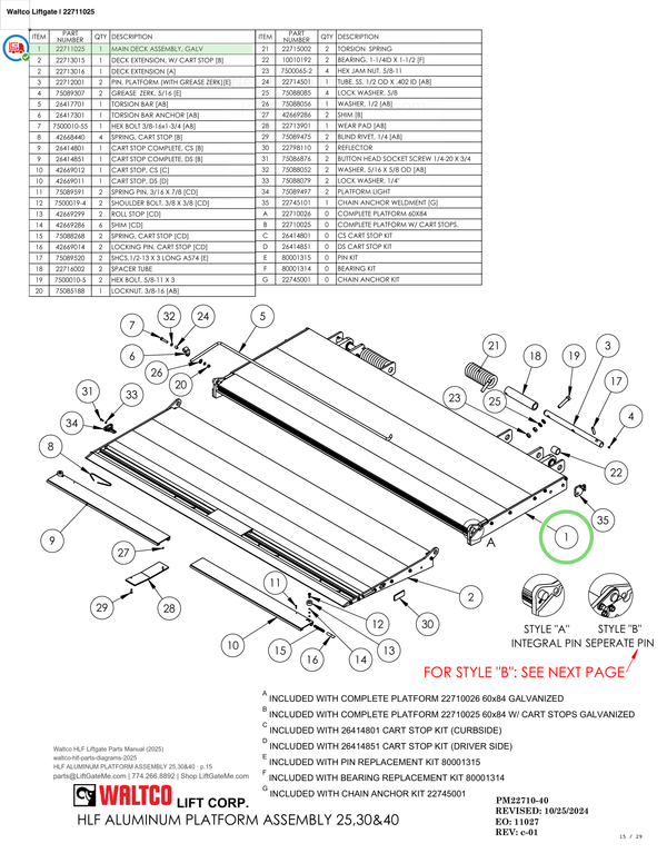 Waltco Liftgate | 22711025 — HLF ALUMINUM PLATFORM ASSEMBLY 25,30&40 · p.15 (Waltco HLF Parts Manual)