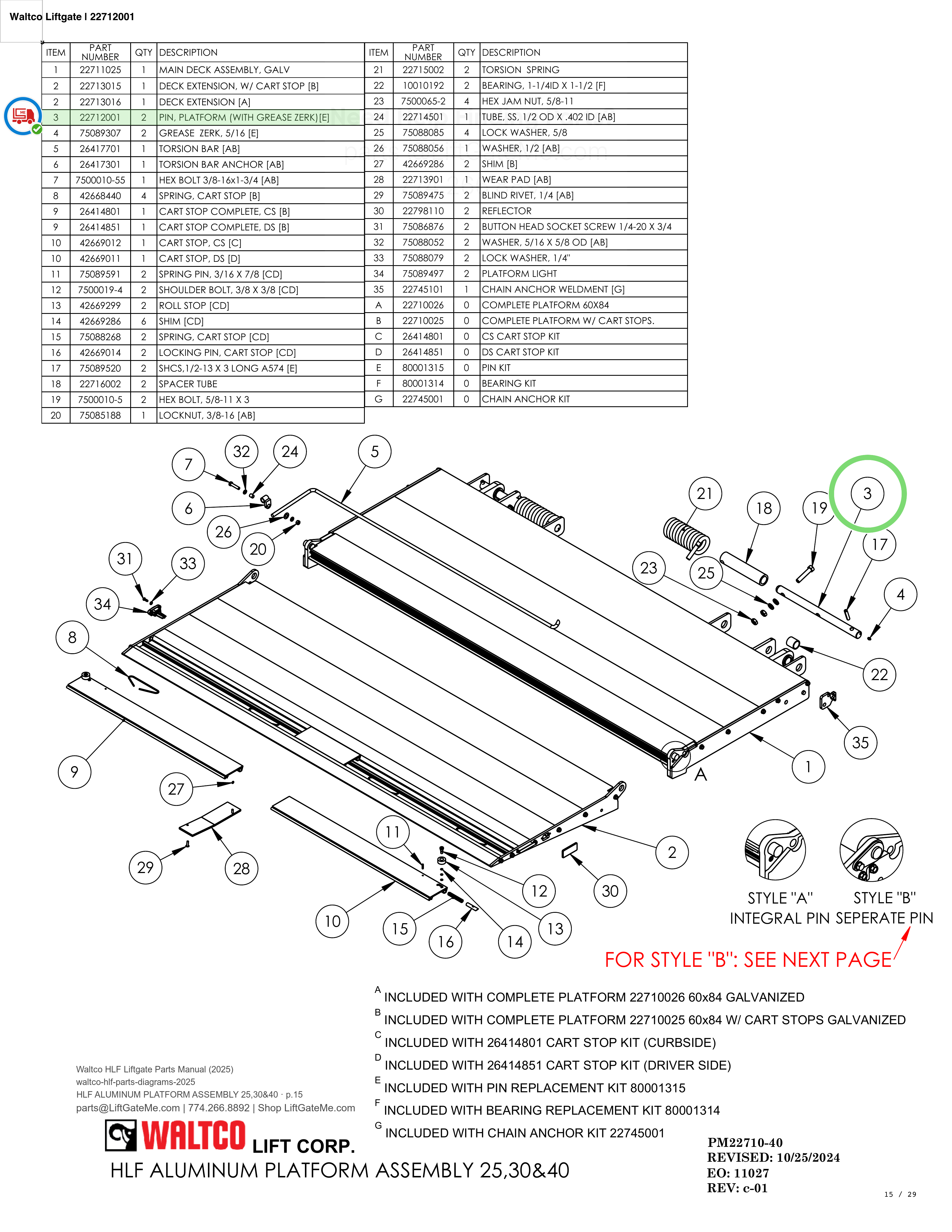 Waltco Liftgate | 22712001 — HLF ALUMINUM PLATFORM ASSEMBLY 25,30&40 · p.15 (Waltco HLF Parts Manual)