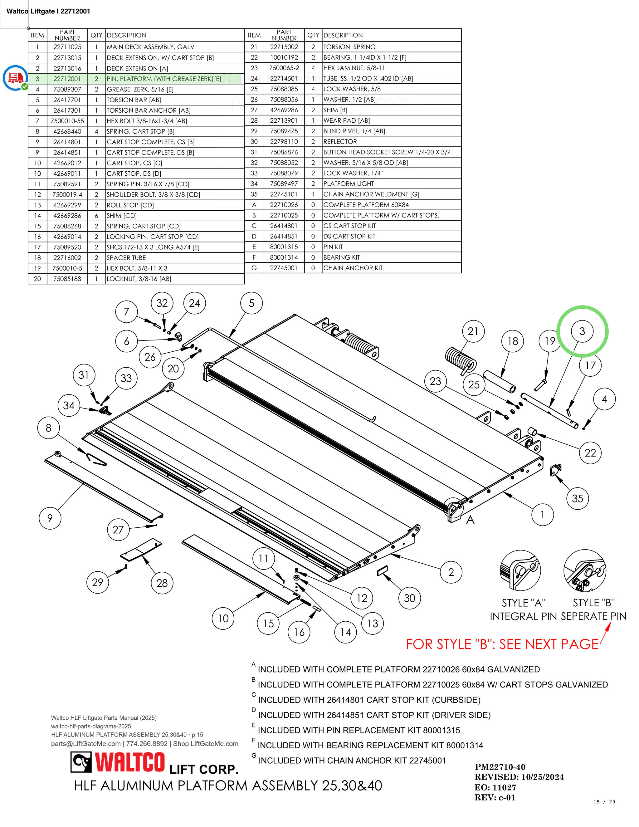 Waltco Liftgate | 22712001 — HLF ALUMINUM PLATFORM ASSEMBLY 25,30&40 · p.15 (Waltco HLF Parts Manual)