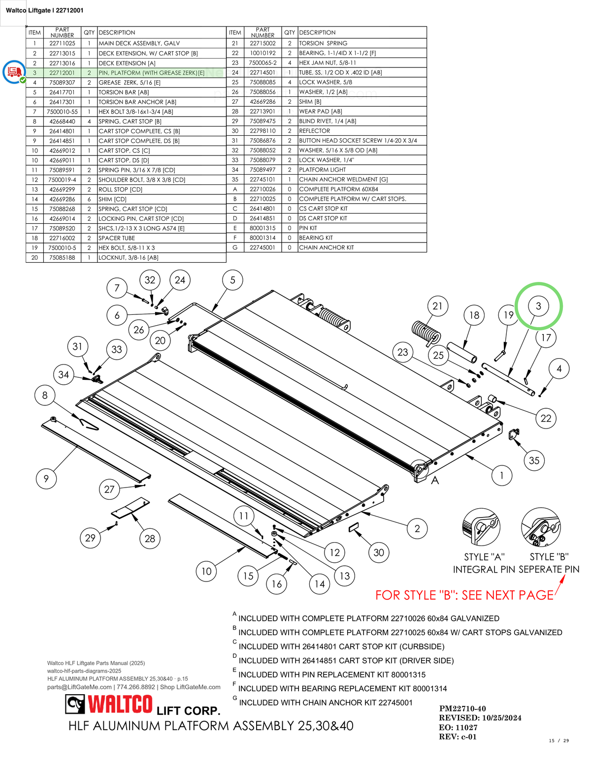 Waltco Liftgate | 22712001 — HLF ALUMINUM PLATFORM ASSEMBLY 25,30&40 · p.15 (Waltco HLF Parts Manual)