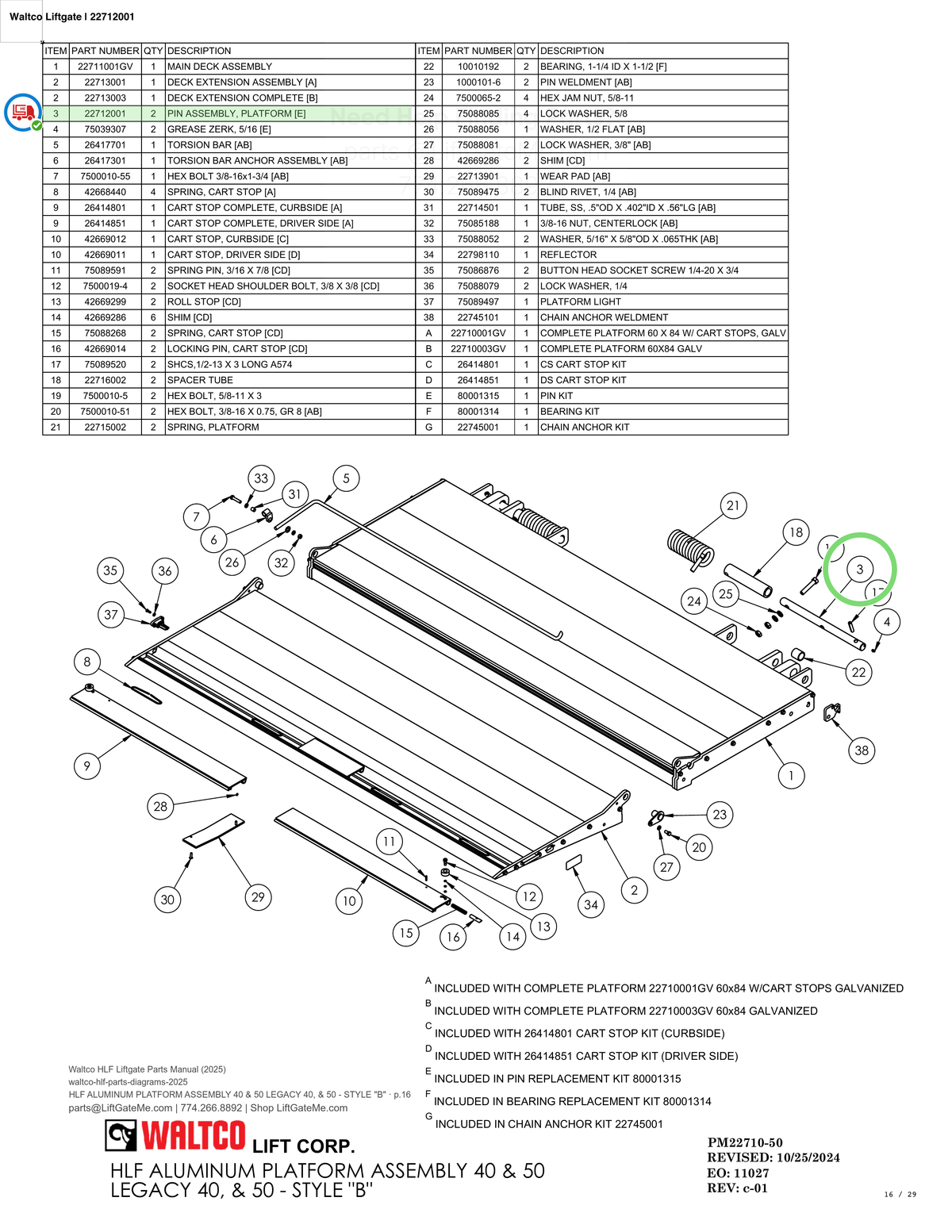Waltco Liftgate | 22712001 — HLF ALUMINUM PLATFORM ASSEMBLY 40 & 50 LEGACY 40, & 50 - STYLE "B" · p.16 (Waltco HLF Parts Manual)
