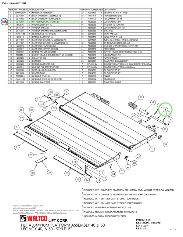 Waltco Liftgate | 22712001 — HLF ALUMINUM PLATFORM ASSEMBLY 40 & 50 LEGACY 40, & 50 - STYLE "B" · p.16 (Waltco HLF Parts Manual)