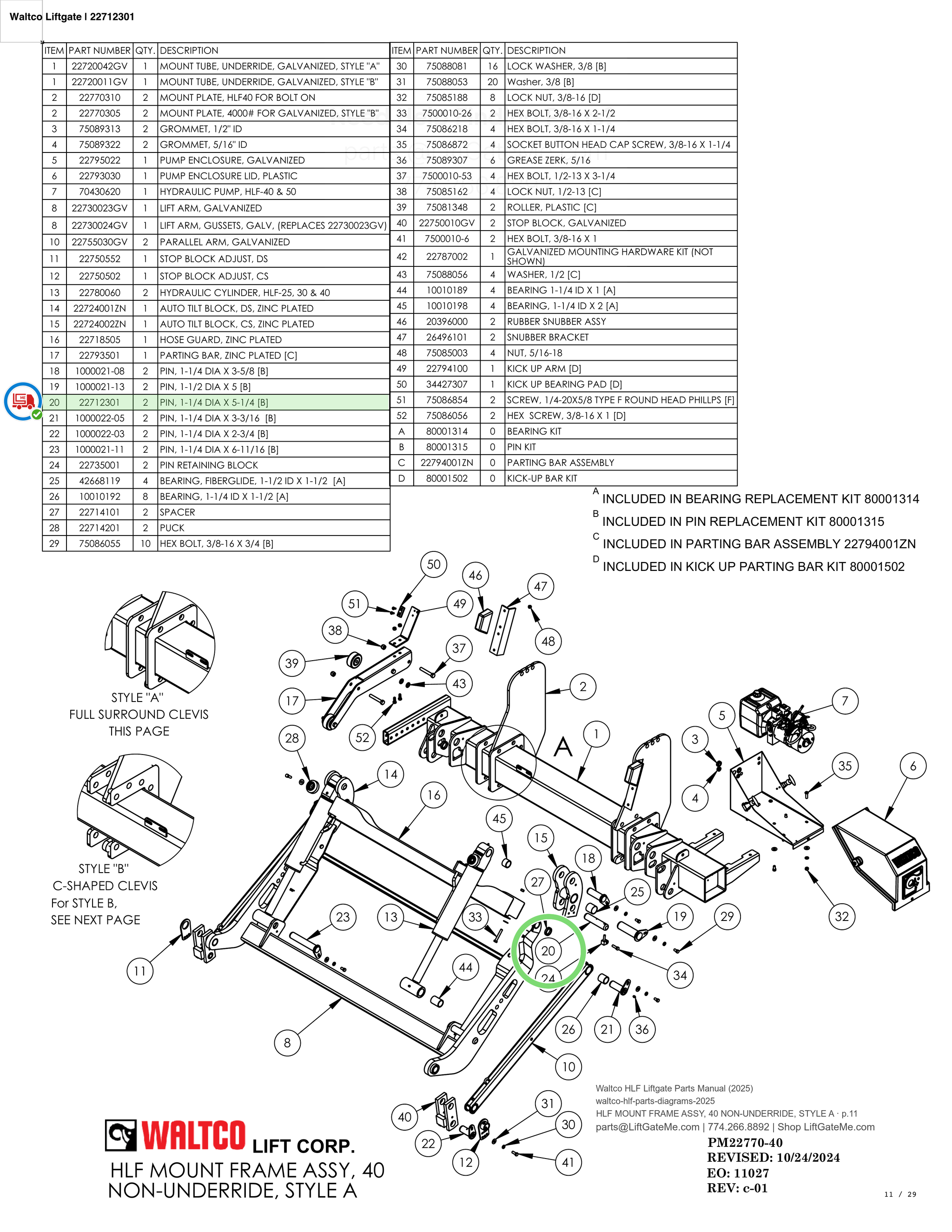 Waltco Liftgate | 22712301 — HLF MOUNT FRAME ASSY, 40 NON-UNDERRIDE, STYLE A · p.11 (Waltco HLF Parts Manual)