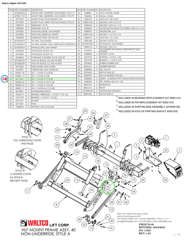 Waltco Liftgate | 22712301 — HLF MOUNT FRAME ASSY, 40 NON-UNDERRIDE, STYLE A · p.11 (Waltco HLF Parts Manual)