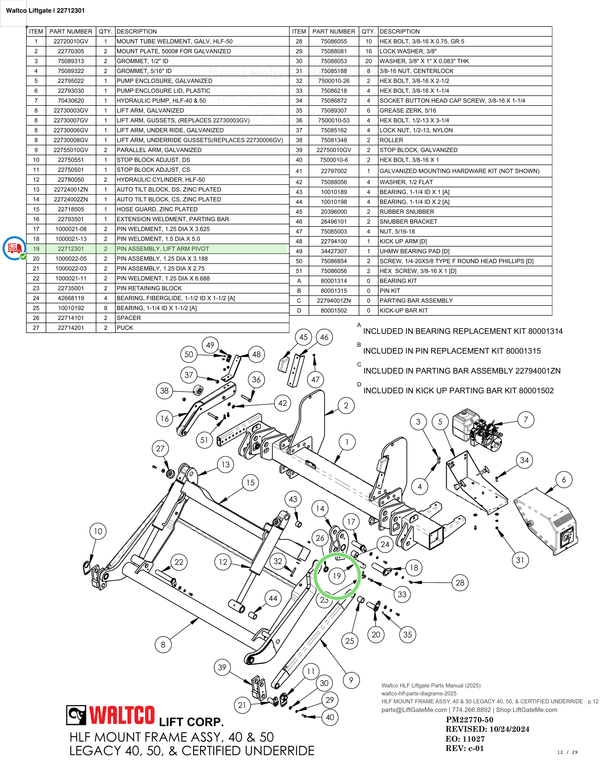 Waltco Liftgate | 22712301 — HLF MOUNT FRAME ASSY, 40 & 50 LEGACY 40, 50, & CERTIFIED UNDERRIDE · p.12 (Waltco HLF Parts Manual)