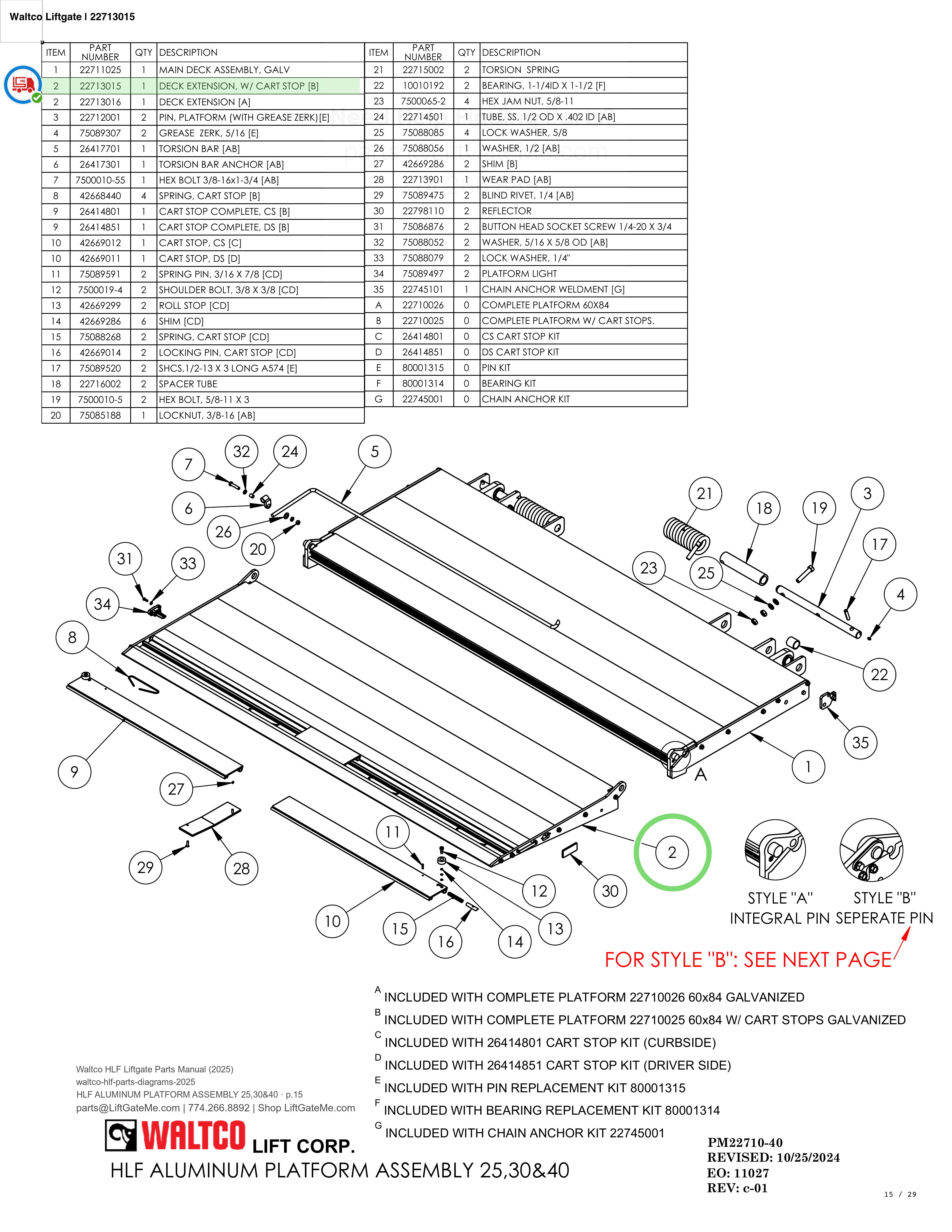 Waltco Liftgate | 22713015 — HLF ALUMINUM PLATFORM ASSEMBLY 25,30&40 · p.15 (Waltco HLF Parts Manual)