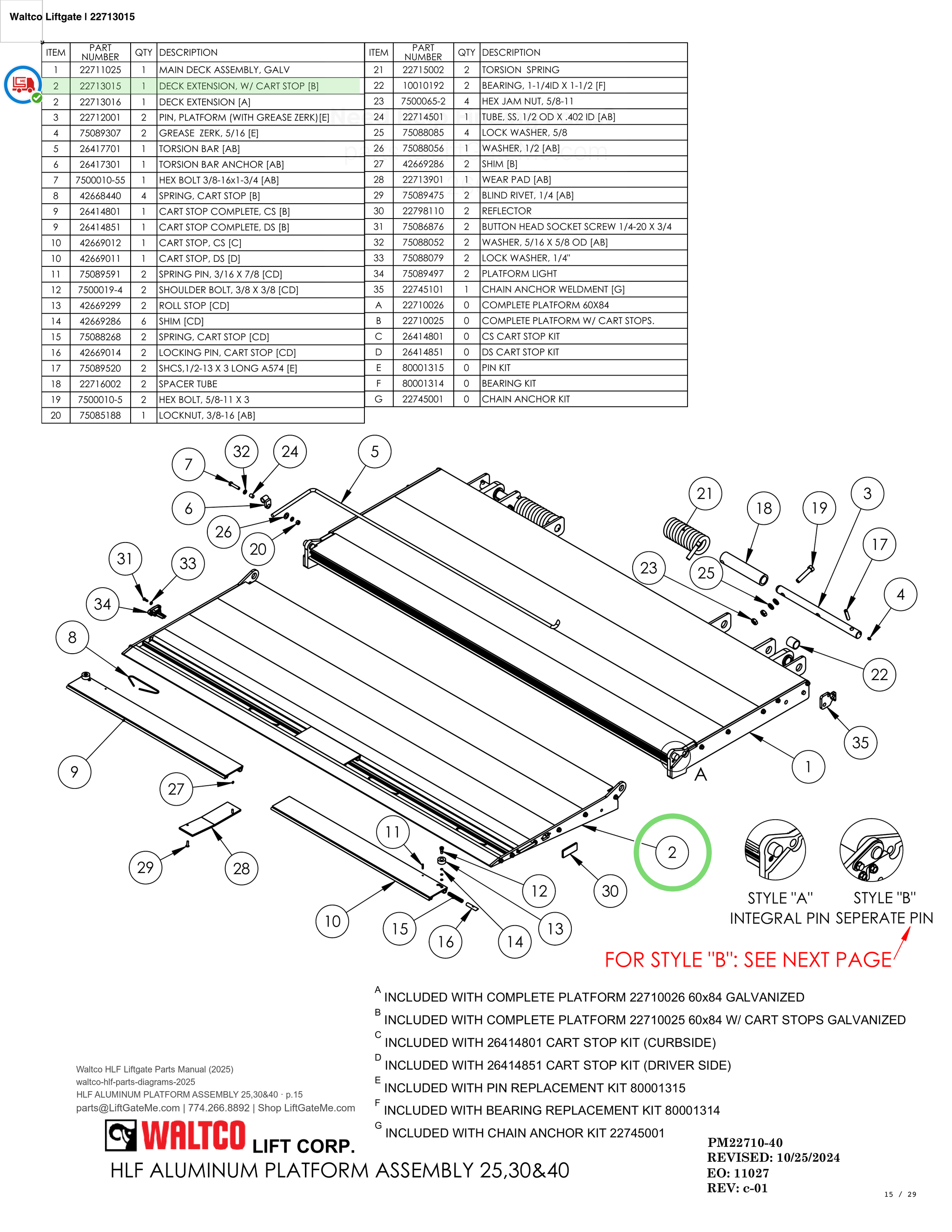Waltco Liftgate | 22713015 — HLF ALUMINUM PLATFORM ASSEMBLY 25,30&40 · p.15 (Waltco HLF Parts Manual)