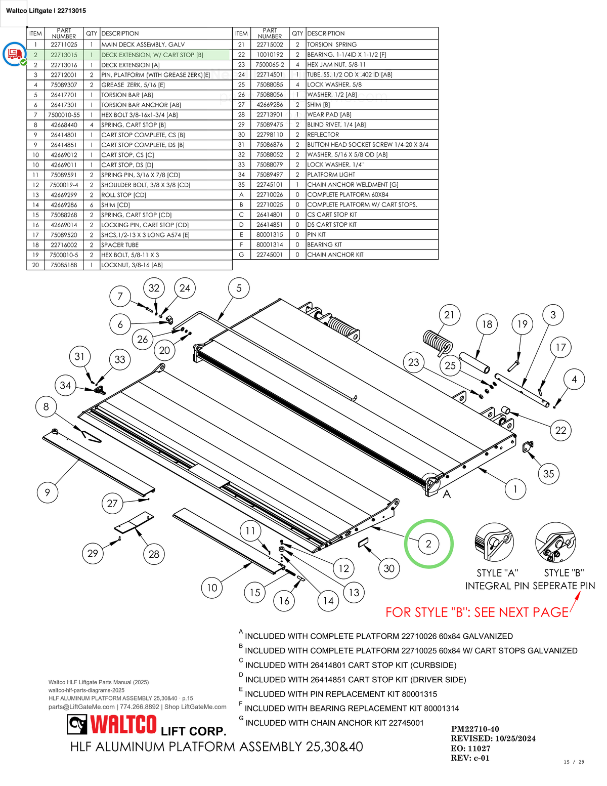 Waltco Liftgate | 22713015 — HLF ALUMINUM PLATFORM ASSEMBLY 25,30&40 · p.15 (Waltco HLF Parts Manual)
