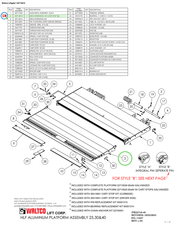 Waltco Liftgate | 22713015 — HLF ALUMINUM PLATFORM ASSEMBLY 25,30&40 · p.15 (Waltco HLF Parts Manual)
