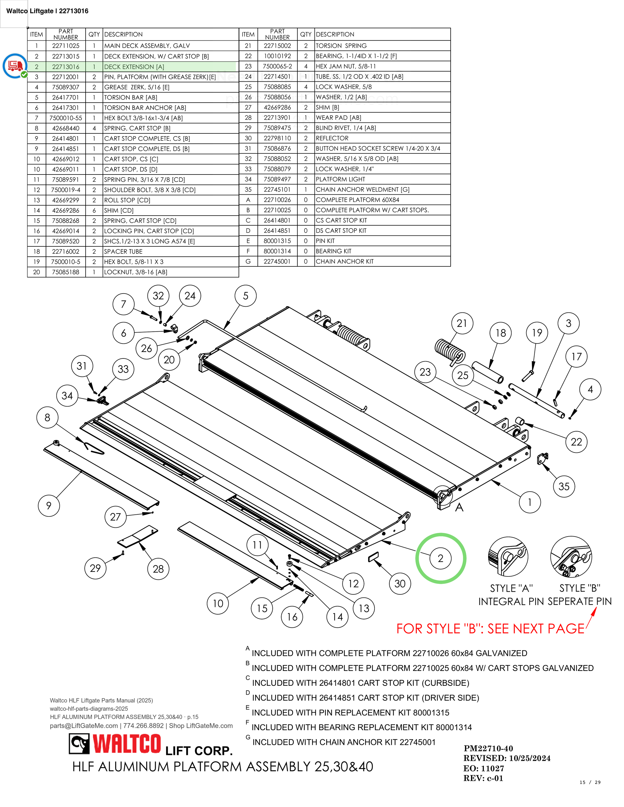 Waltco Liftgate | 22713016 — HLF ALUMINUM PLATFORM ASSEMBLY 25,30&40 · p.15 (Waltco HLF Parts Manual)