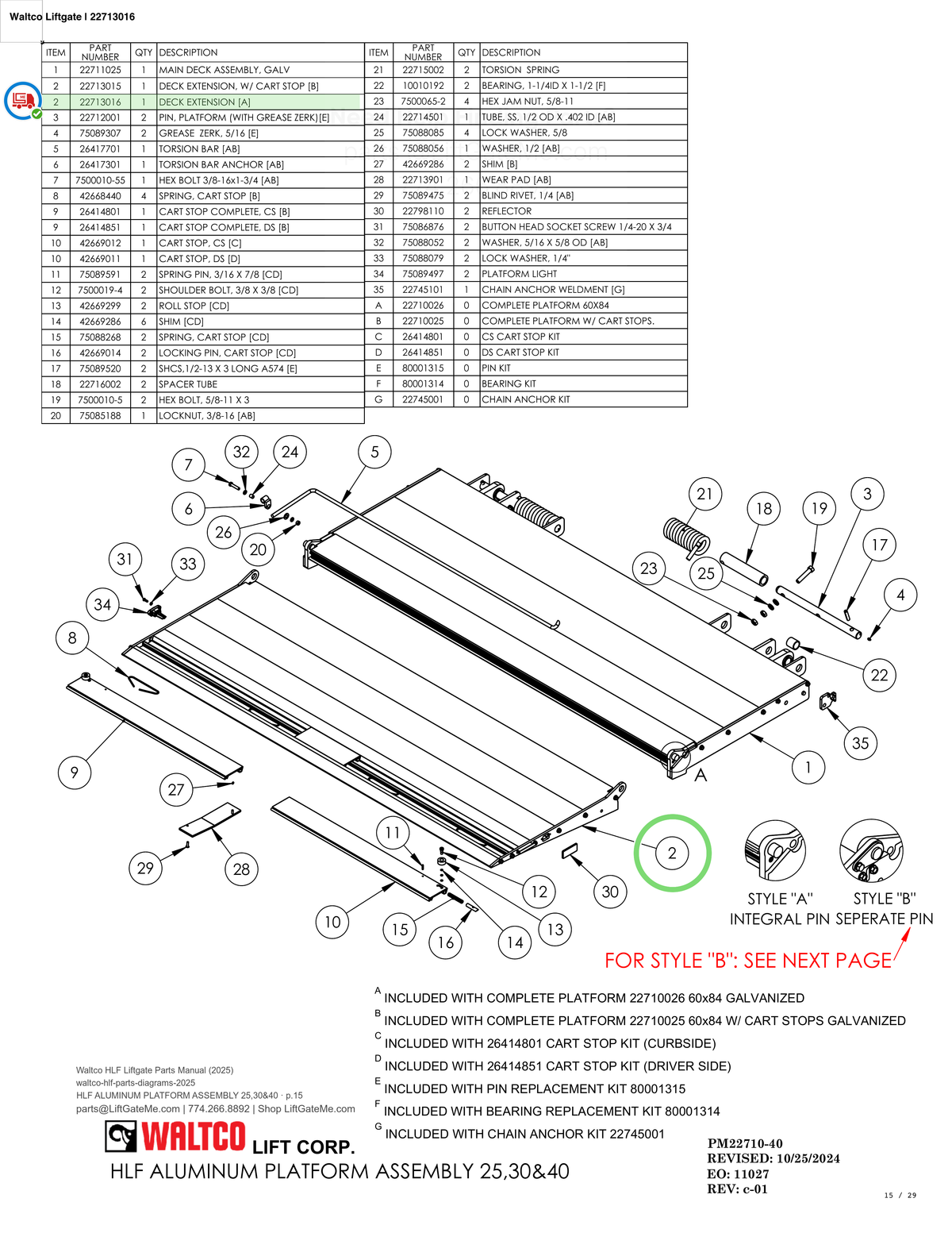 Waltco Liftgate | 22713016 — HLF ALUMINUM PLATFORM ASSEMBLY 25,30&40 · p.15 (Waltco HLF Parts Manual)