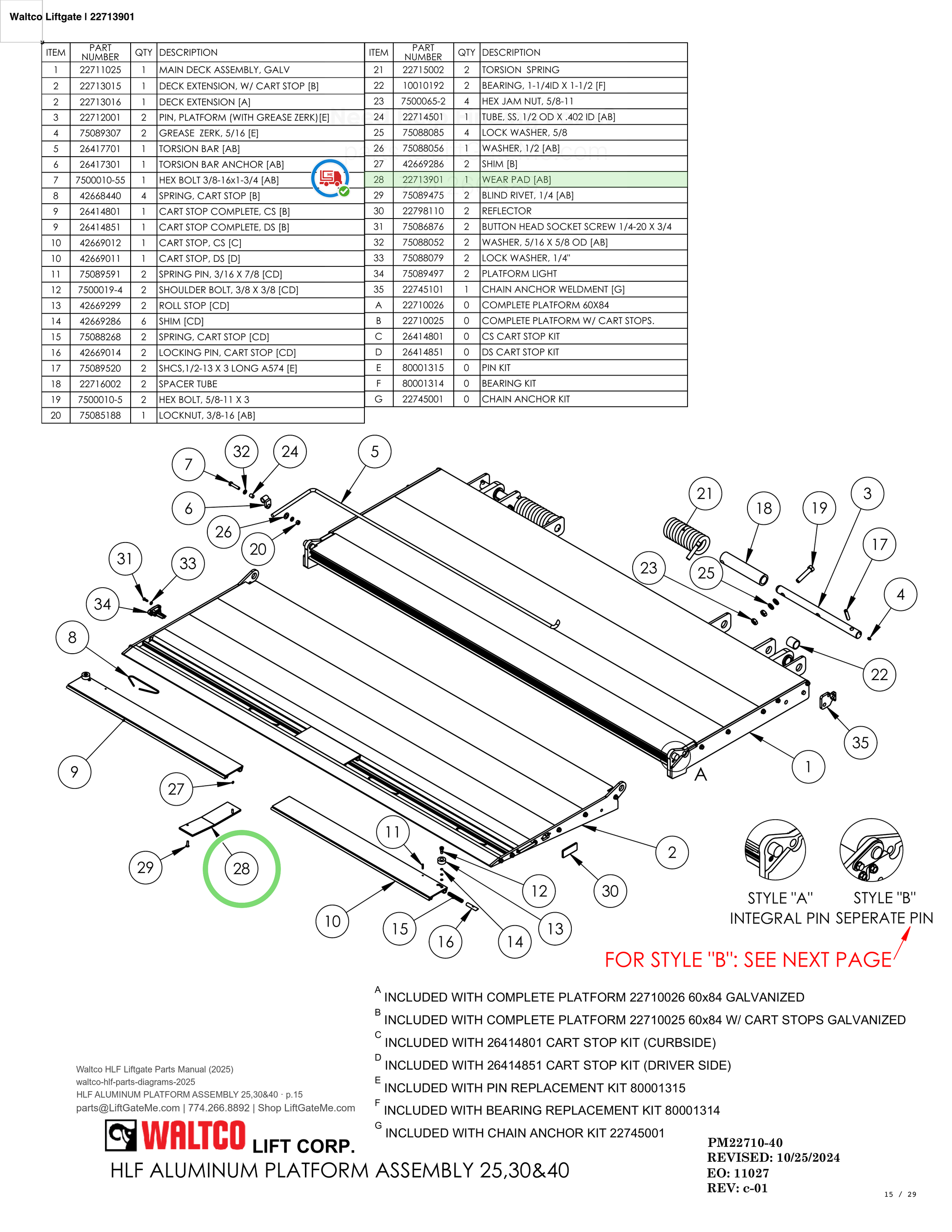 Waltco Liftgate | 22713901 — HLF ALUMINUM PLATFORM ASSEMBLY 25,30&40 · p.15 (Waltco HLF Parts Manual)