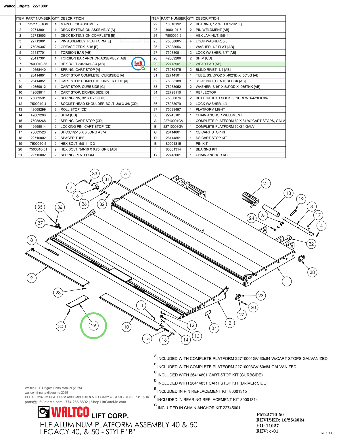 Waltco Liftgate | 22713901 — HLF ALUMINUM PLATFORM ASSEMBLY 40 & 50 LEGACY 40, & 50 - STYLE "B" · p.16 (Waltco HLF Parts Manual)