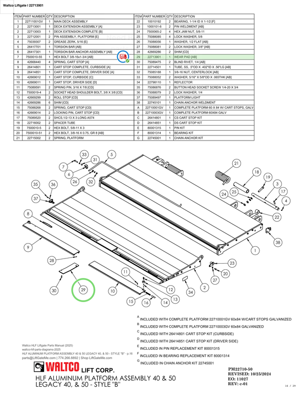 Waltco Liftgate | 22713901 — HLF ALUMINUM PLATFORM ASSEMBLY 40 & 50 LEGACY 40, & 50 - STYLE "B" · p.16 (Waltco HLF Parts Manual)