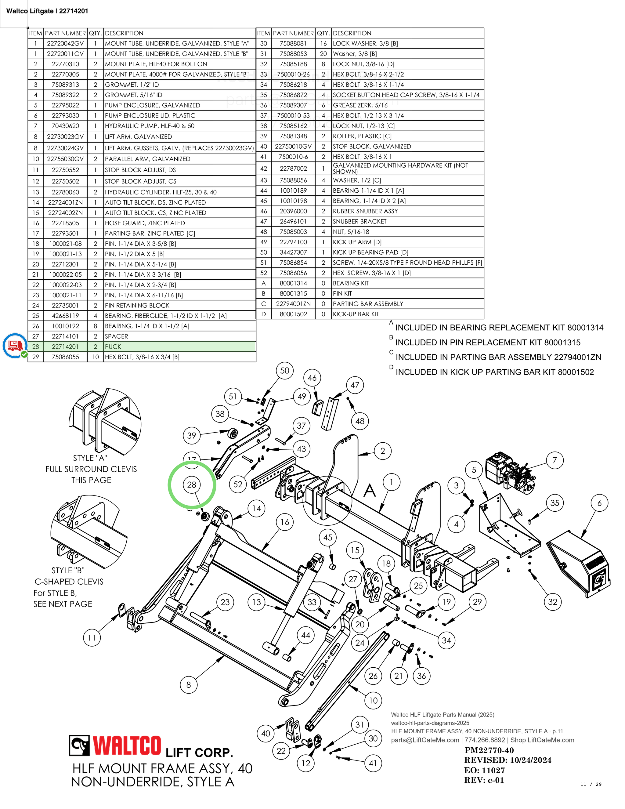 Waltco Liftgate | 22714201 — HLF MOUNT FRAME ASSY, 40 NON-UNDERRIDE, STYLE A · p.11 (Waltco HLF Parts Manual)