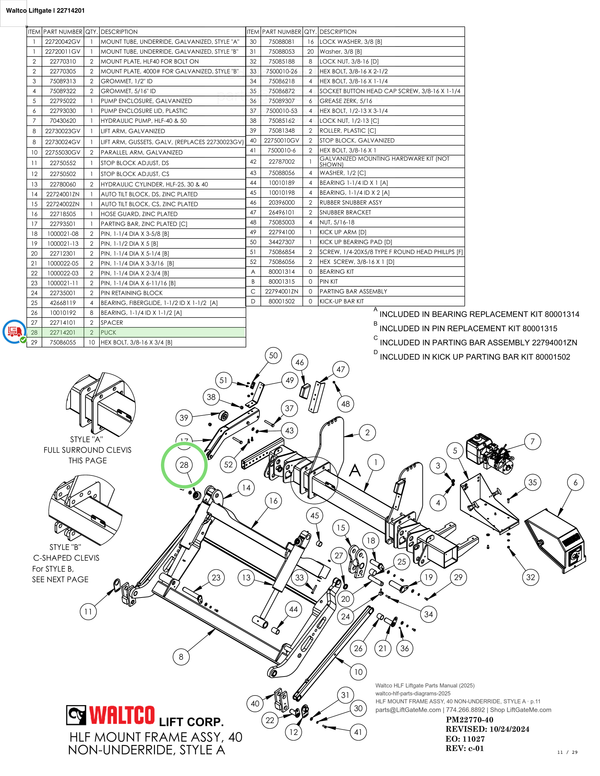 Waltco Liftgate | 22714201 — HLF MOUNT FRAME ASSY, 40 NON-UNDERRIDE, STYLE A · p.11 (Waltco HLF Parts Manual)