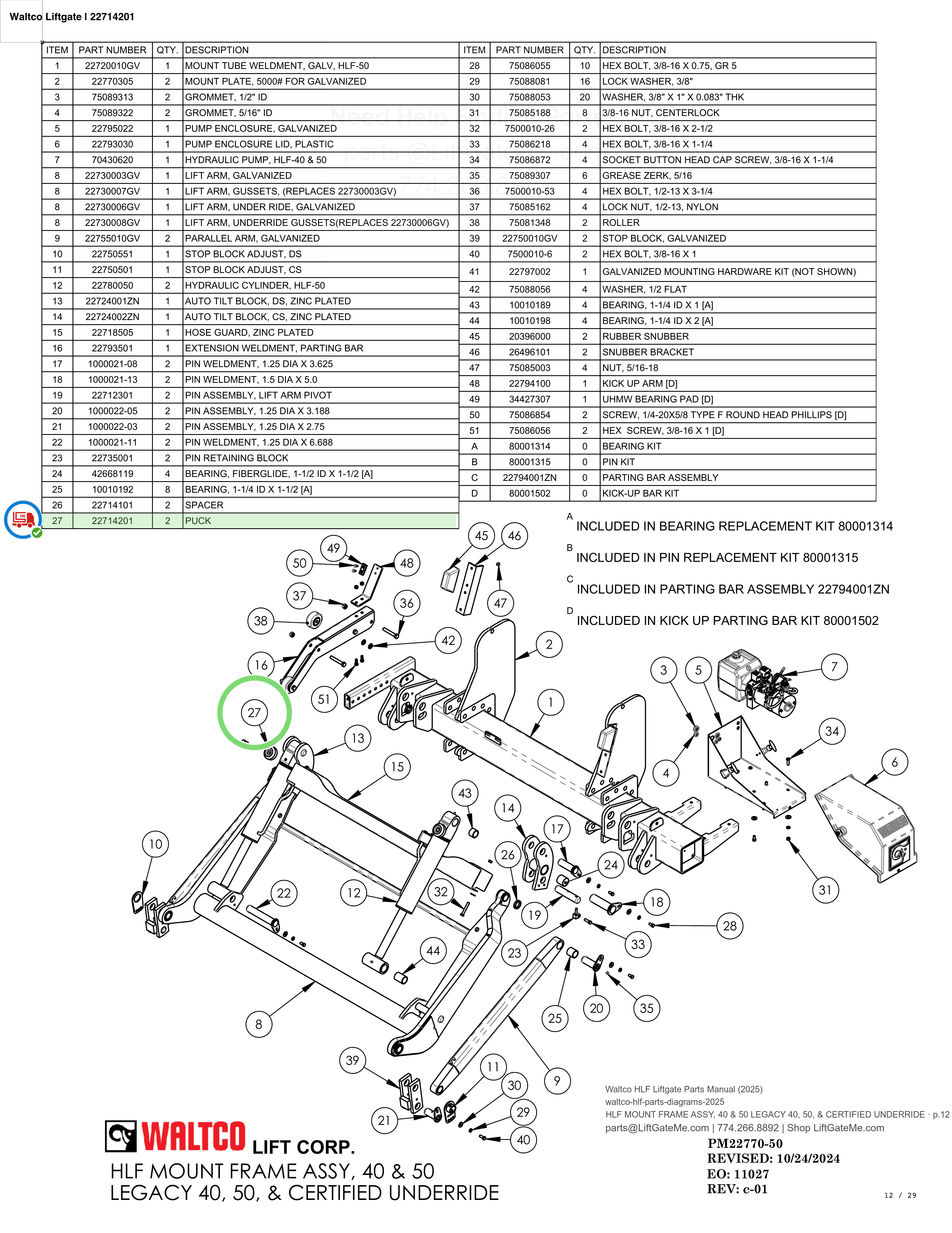 Waltco Liftgate | 22714201 — HLF MOUNT FRAME ASSY, 40 & 50 LEGACY 40, 50, & CERTIFIED UNDERRIDE · p.12 (Waltco HLF Parts Manual)