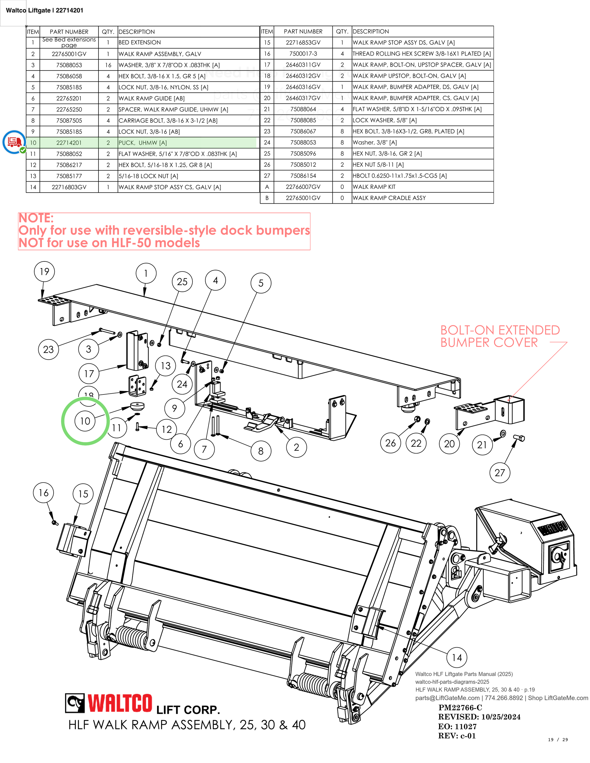 Waltco Liftgate | 22714201 — HLF WALK RAMP ASSEMBLY, 25, 30 & 40 · p.19 (Waltco HLF Parts Manual)