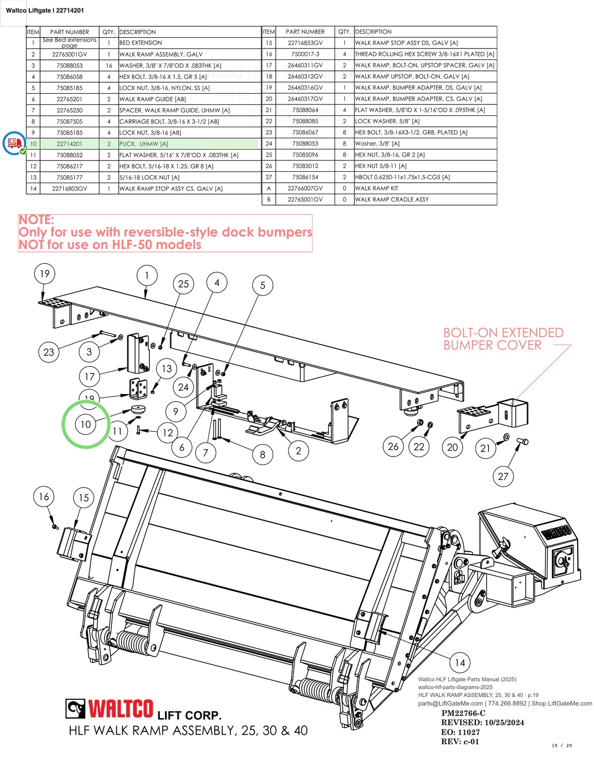 Waltco Liftgate | 22714201 — HLF WALK RAMP ASSEMBLY, 25, 30 & 40 · p.19 (Waltco HLF Parts Manual)