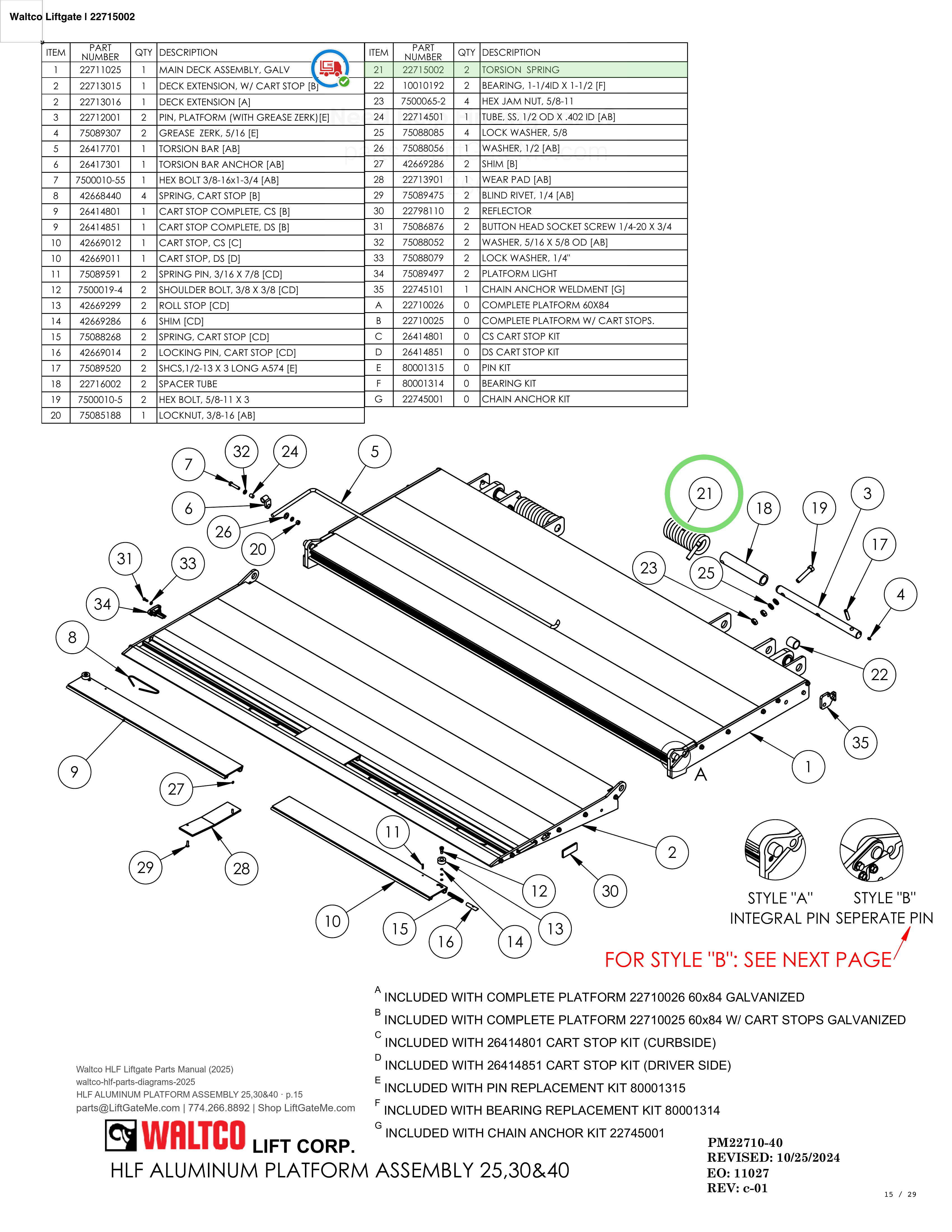 Waltco Liftgate | 22715002 — HLF ALUMINUM PLATFORM ASSEMBLY 25,30&40 · p.15 (Waltco HLF Parts Manual)