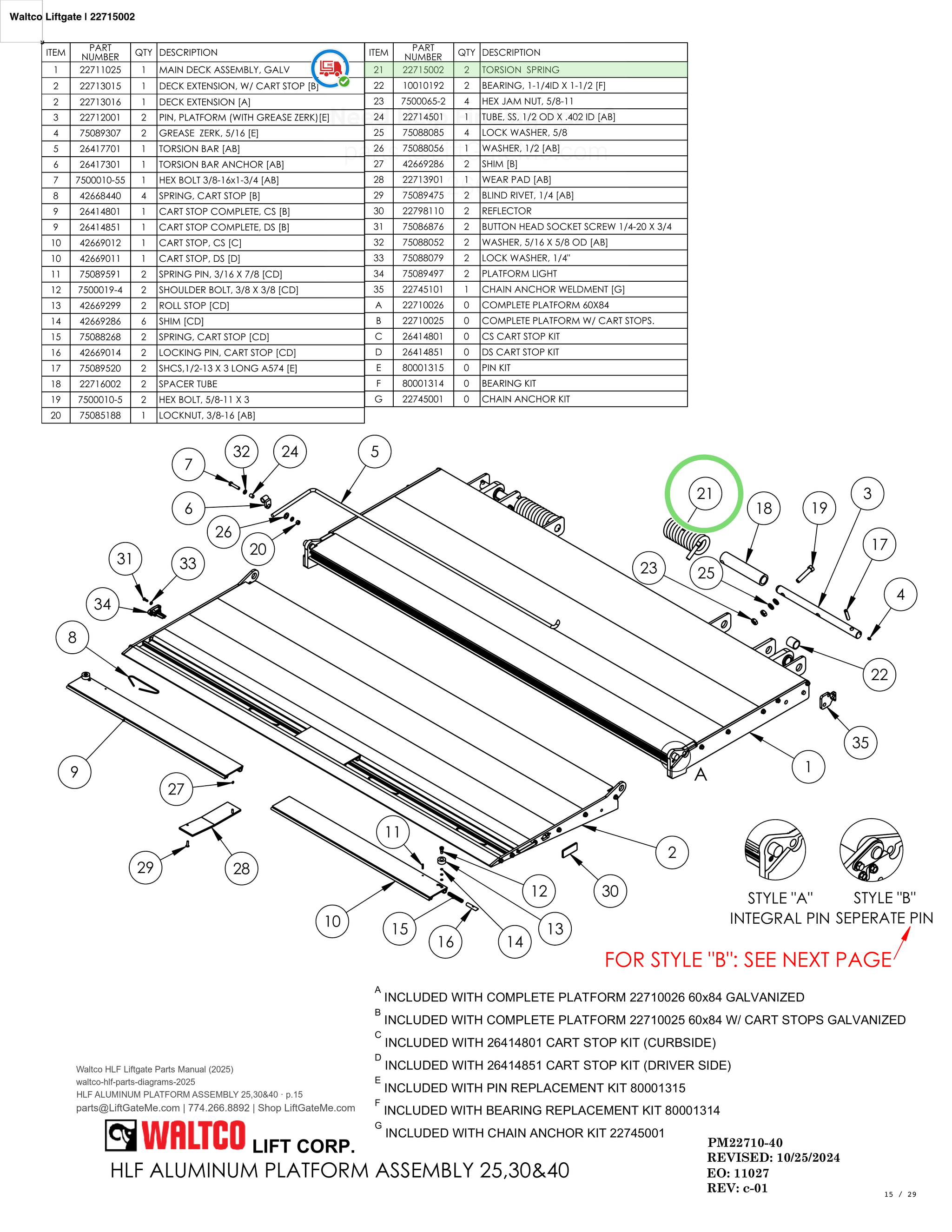 Waltco Liftgate | 22715002 — HLF ALUMINUM PLATFORM ASSEMBLY 25,30&40 · p.15 (Waltco HLF Parts Manual)