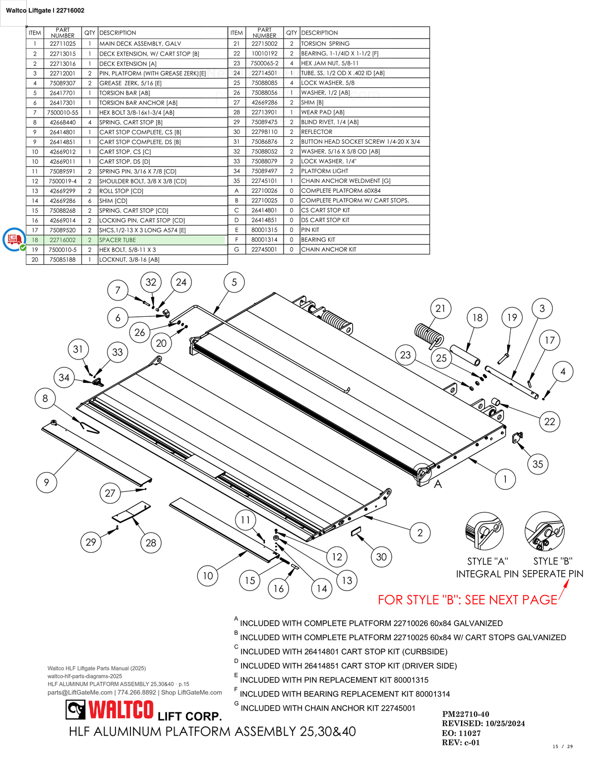 Waltco Liftgate | 22716002 — HLF ALUMINUM PLATFORM ASSEMBLY 25,30&40 · p.15 (Waltco HLF Parts Manual)