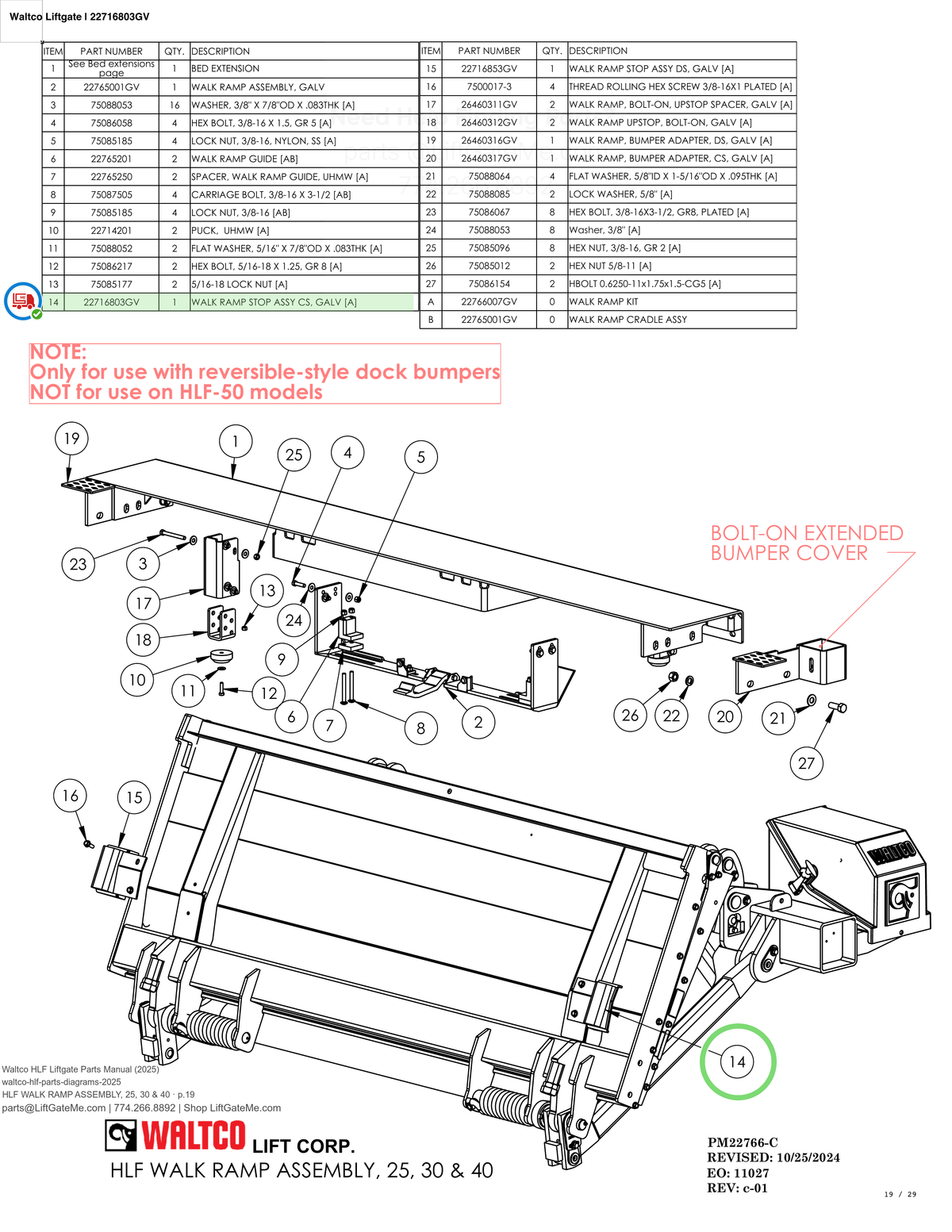 Waltco Liftgate | 22716803gv — HLF WALK RAMP ASSEMBLY, 25, 30 & 40 · p.19 (Waltco HLF Parts Manual)