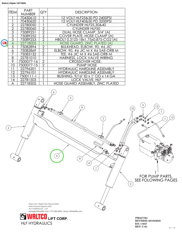 Waltco Liftgate | 22718005 — HLF HYDRAULICS · p.20 (Waltco HLF Parts Manual)