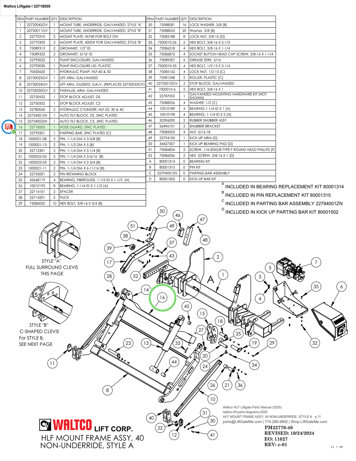 Waltco Liftgate | 22718505 — HLF MOUNT FRAME ASSY, 40 NON-UNDERRIDE, STYLE A · p.11 (Waltco HLF Parts Manual)