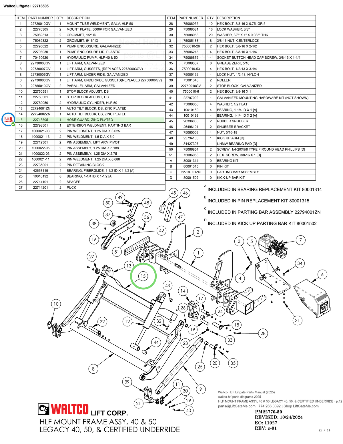 Waltco Liftgate | 22718505 — HLF MOUNT FRAME ASSY, 40 & 50 LEGACY 40, 50, & CERTIFIED UNDERRIDE · p.12 (Waltco HLF Parts Manual)