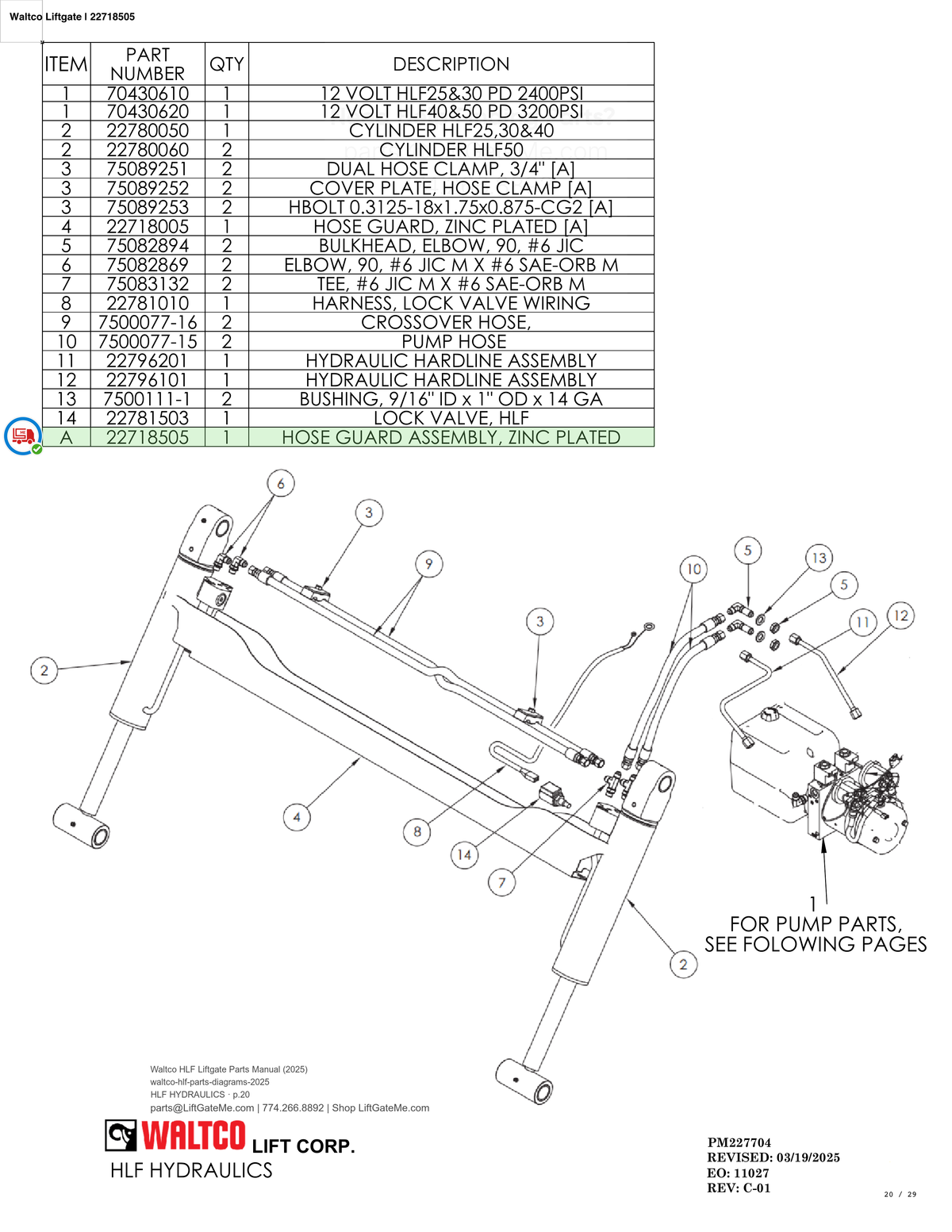 Waltco Liftgate | 22718505 — HLF HYDRAULICS · p.20 (Waltco HLF Parts Manual)