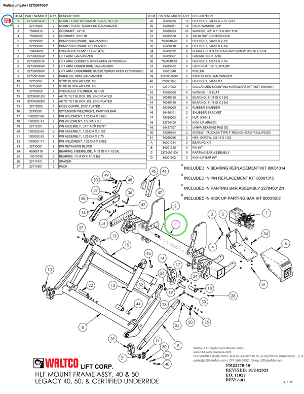 Waltco Liftgate | 22720010gv — HLF MOUNT FRAME ASSY, 40 & 50 LEGACY 40, 50, & CERTIFIED UNDERRIDE · p.12 (Waltco HLF Parts Manual)
