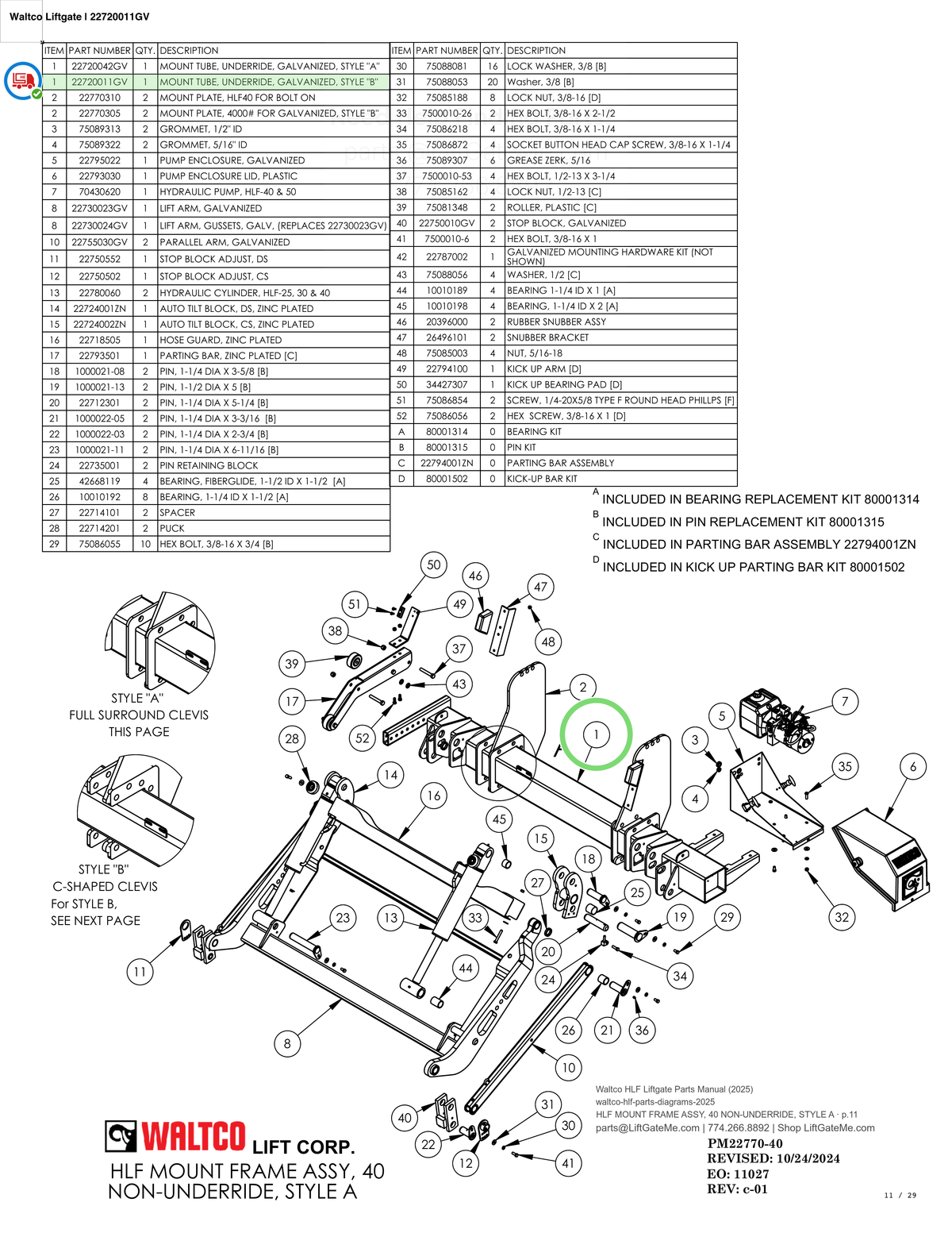 Waltco Liftgate | 22720011gv — HLF MOUNT FRAME ASSY, 40 NON-UNDERRIDE, STYLE A · p.11 (Waltco HLF Parts Manual)