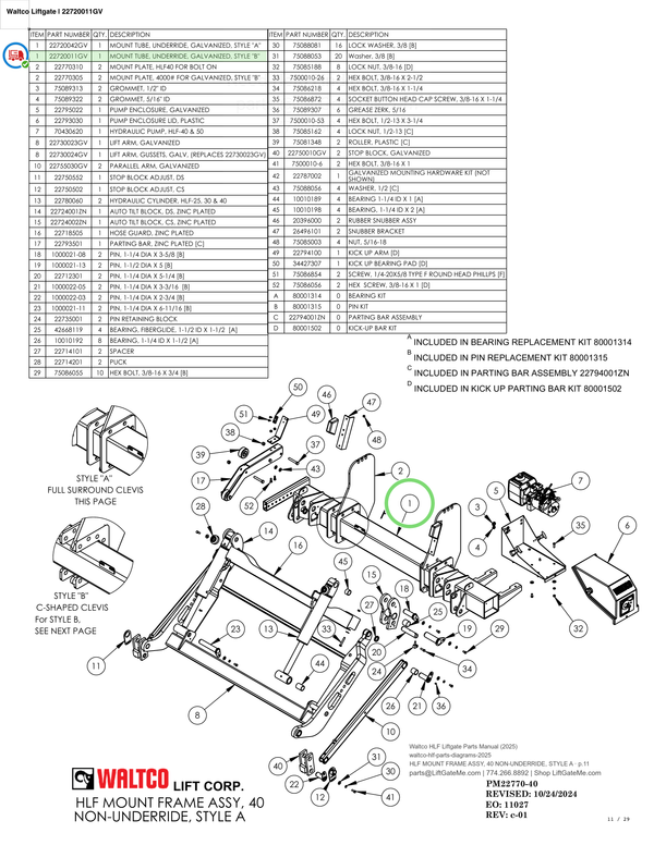 Waltco Liftgate | 22720011gv — HLF MOUNT FRAME ASSY, 40 NON-UNDERRIDE, STYLE A · p.11 (Waltco HLF Parts Manual)