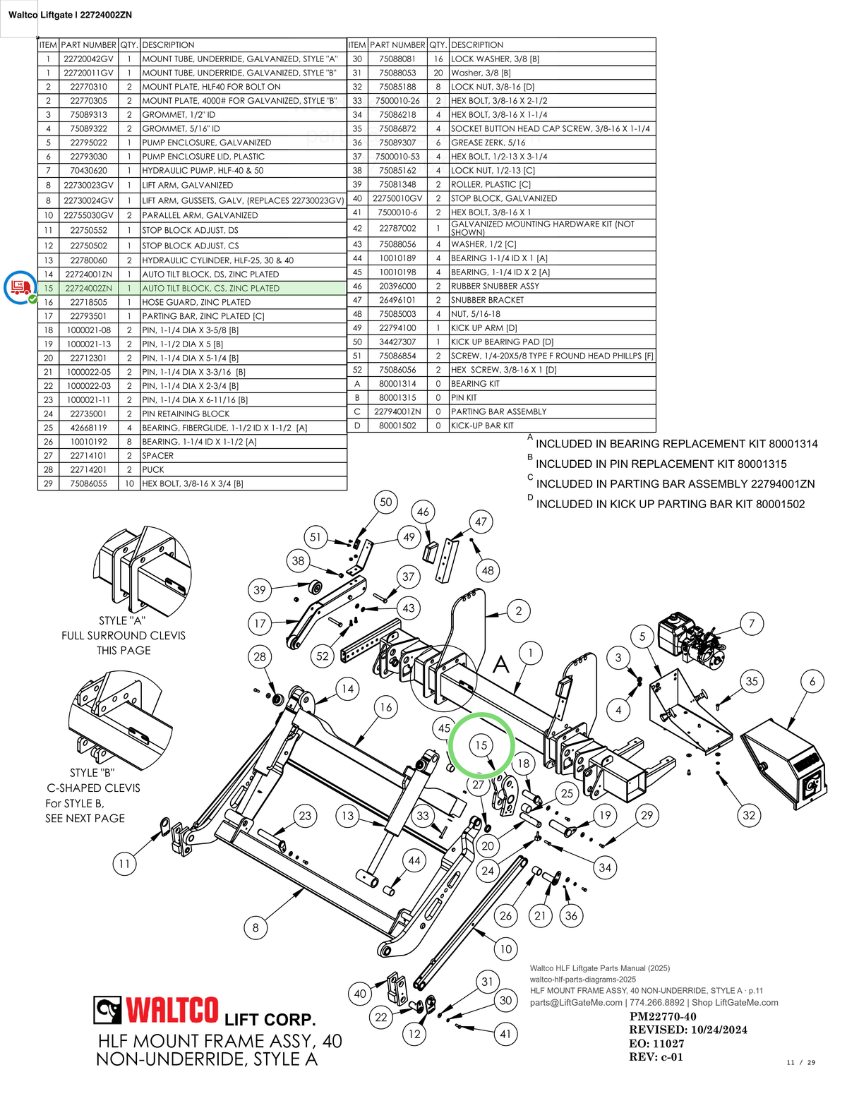 Waltco Liftgate | 22724002zn — HLF MOUNT FRAME ASSY, 40 NON-UNDERRIDE, STYLE A · p.11 (Waltco HLF Parts Manual)