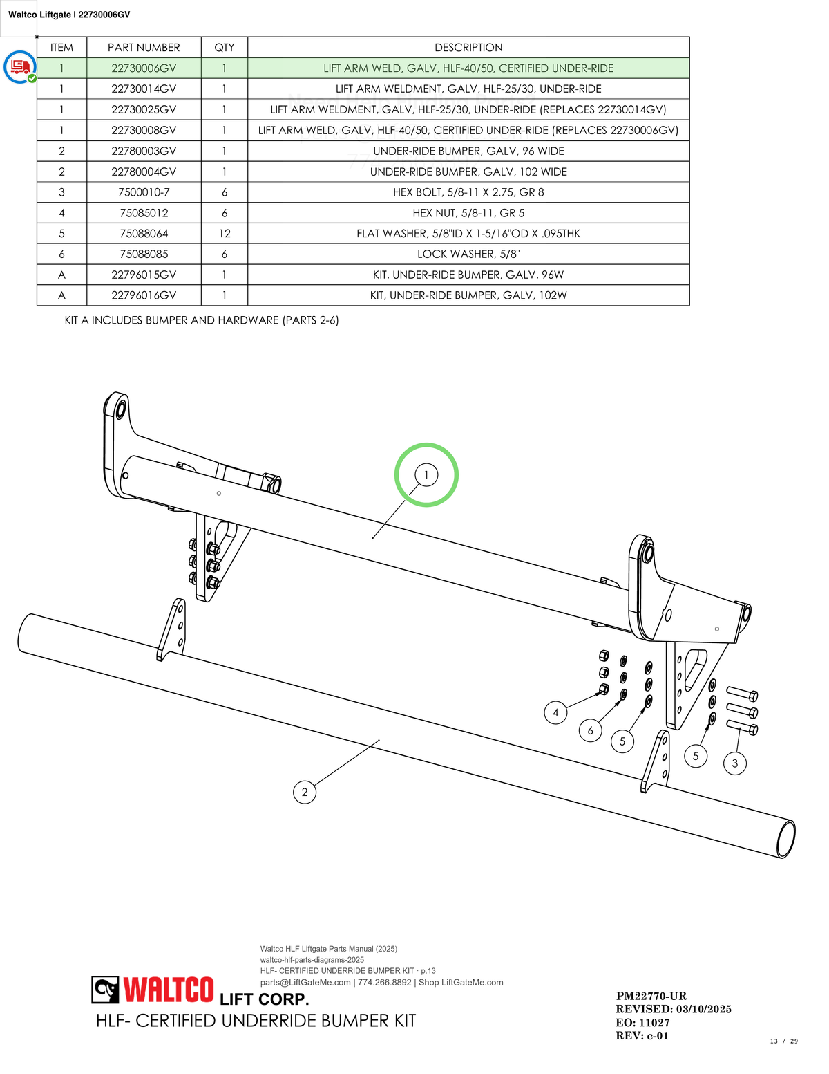 Waltco Liftgate | 22730006gv — HLF- CERTIFIED UNDERRIDE BUMPER KIT · p.13 (Waltco HLF Parts Manual)