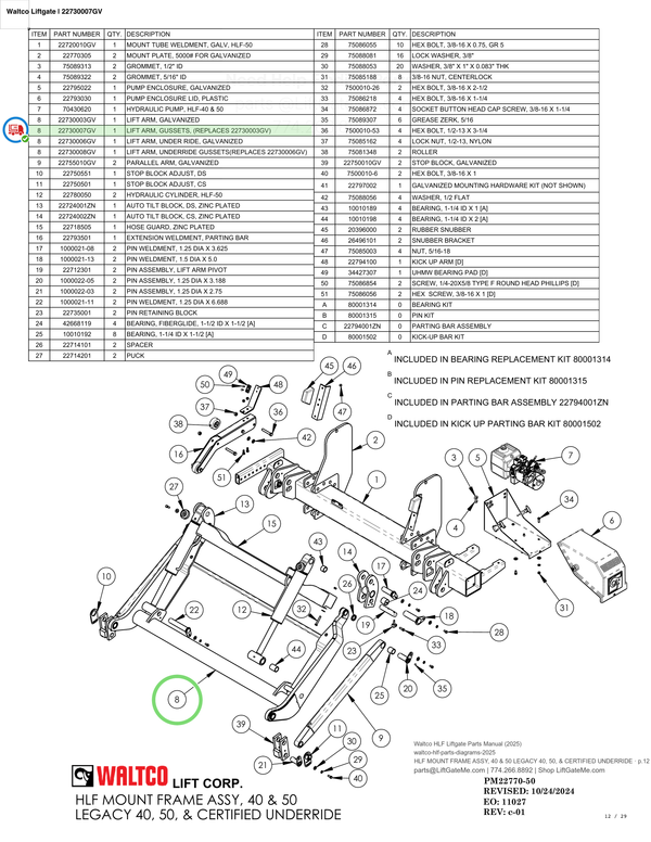Waltco Liftgate | 22730007gv — HLF MOUNT FRAME ASSY, 40 & 50 LEGACY 40, 50, & CERTIFIED UNDERRIDE · p.12 (Waltco HLF Parts Manual)