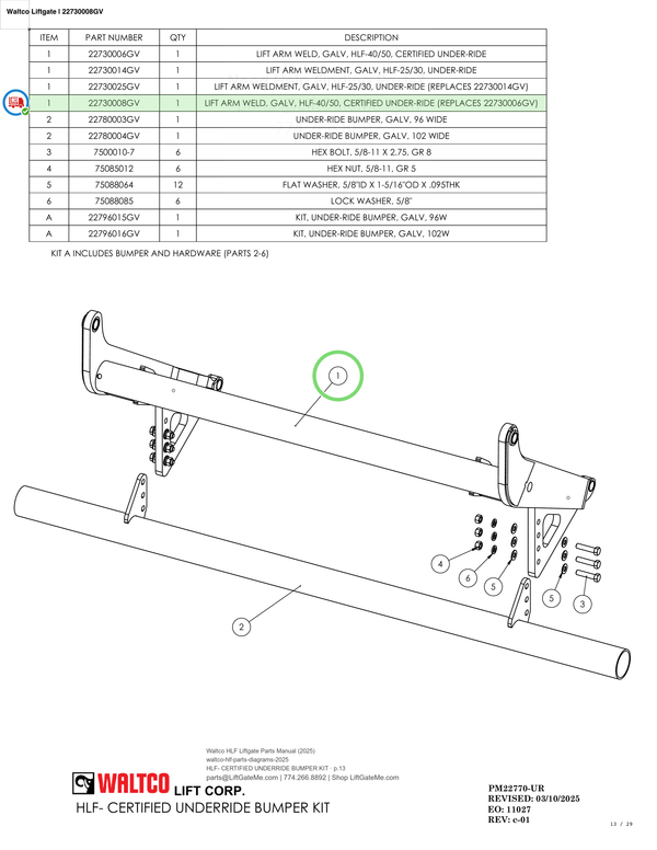 Waltco Liftgate | 22730008gv — HLF- CERTIFIED UNDERRIDE BUMPER KIT · p.13 (Waltco HLF Parts Manual)