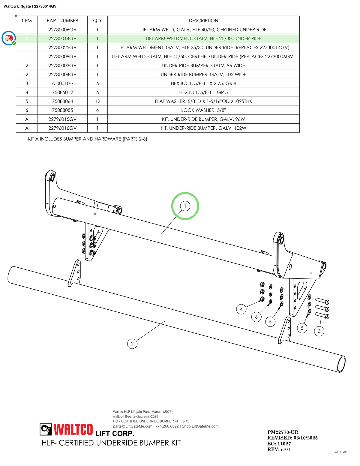 Waltco Liftgate | 22730014gv — HLF- CERTIFIED UNDERRIDE BUMPER KIT · p.13 (Waltco HLF Parts Manual)